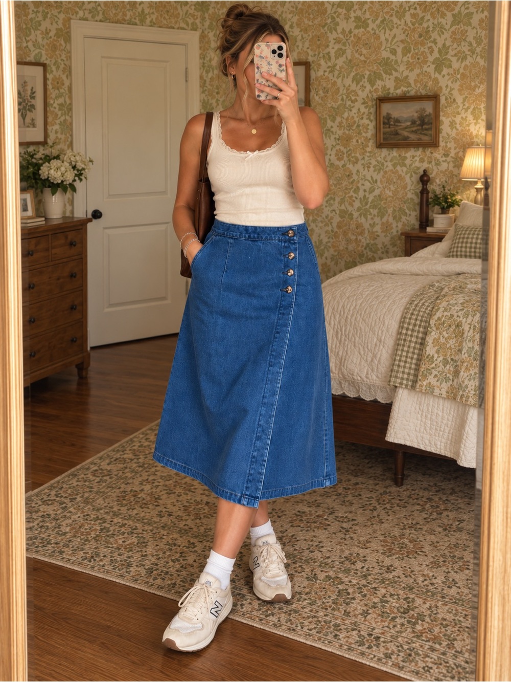 vintage l.l.bean denim midi skirt a-line button front 90s preppy grandma core